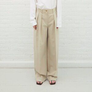 The Row Igor Oatmeal Cotton Pleated Wide-Leg Pants